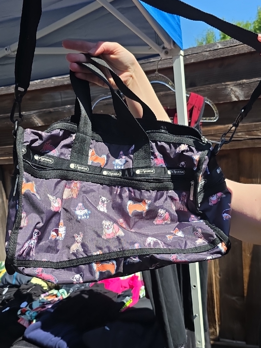 Lesportsac Black Nylon Tote with Multicolor Dog Print